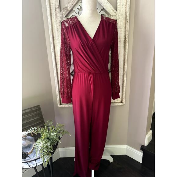 NY Collection Women's Long Sleeve Lace Surplice Elastic Waist Jumpsuit in Wine - Picture 2 of 10